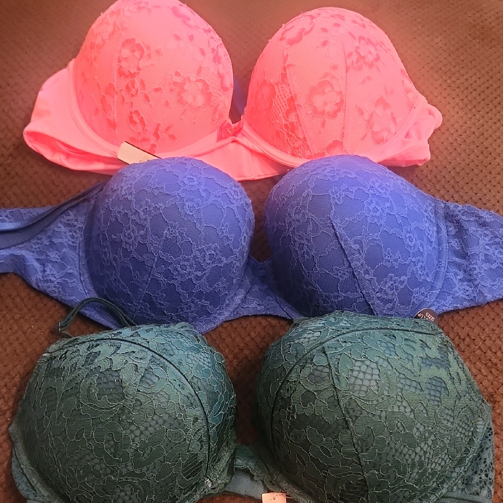 Victoria's Secret Lace Bra Trio - Coral, Royal Blue, Teal